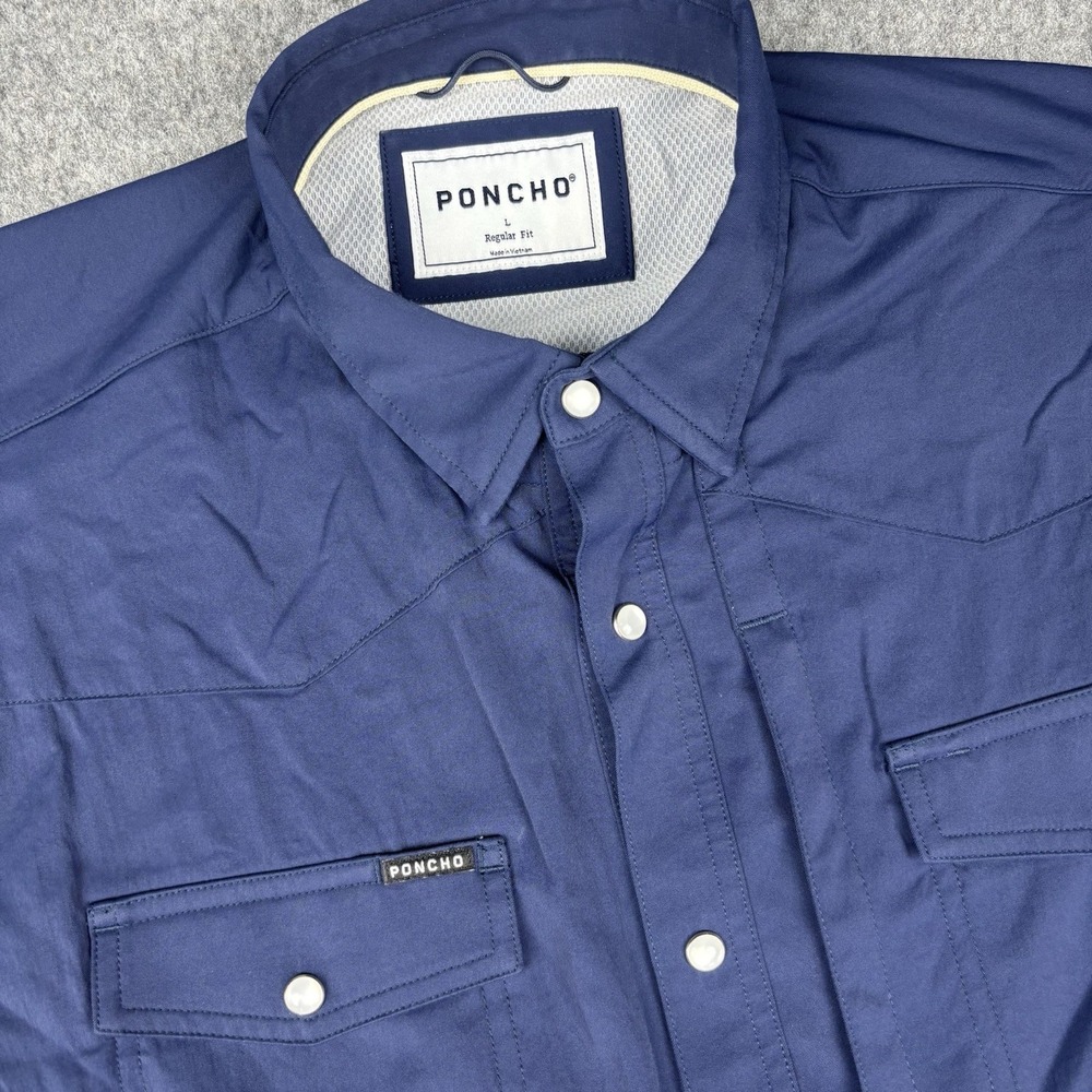 Poncho Shirt Mens Large Pearl Snap Outdoor Blue Short Sleeve Western Nylon EUC
